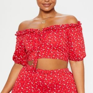 PLT Red Ditsy Floral Ruched Front Crop Top